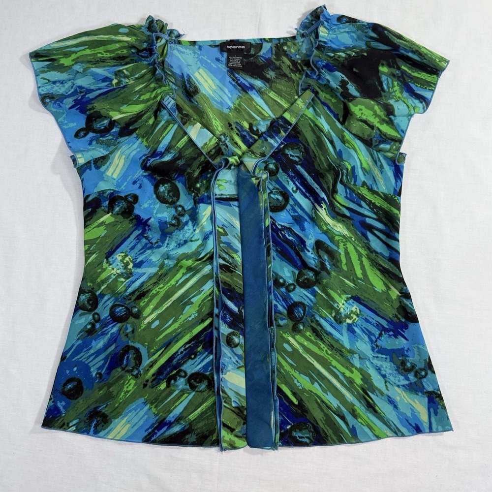 Spense Women's‎ Size L Top Multicolor Blue Green Blouse Ruffles